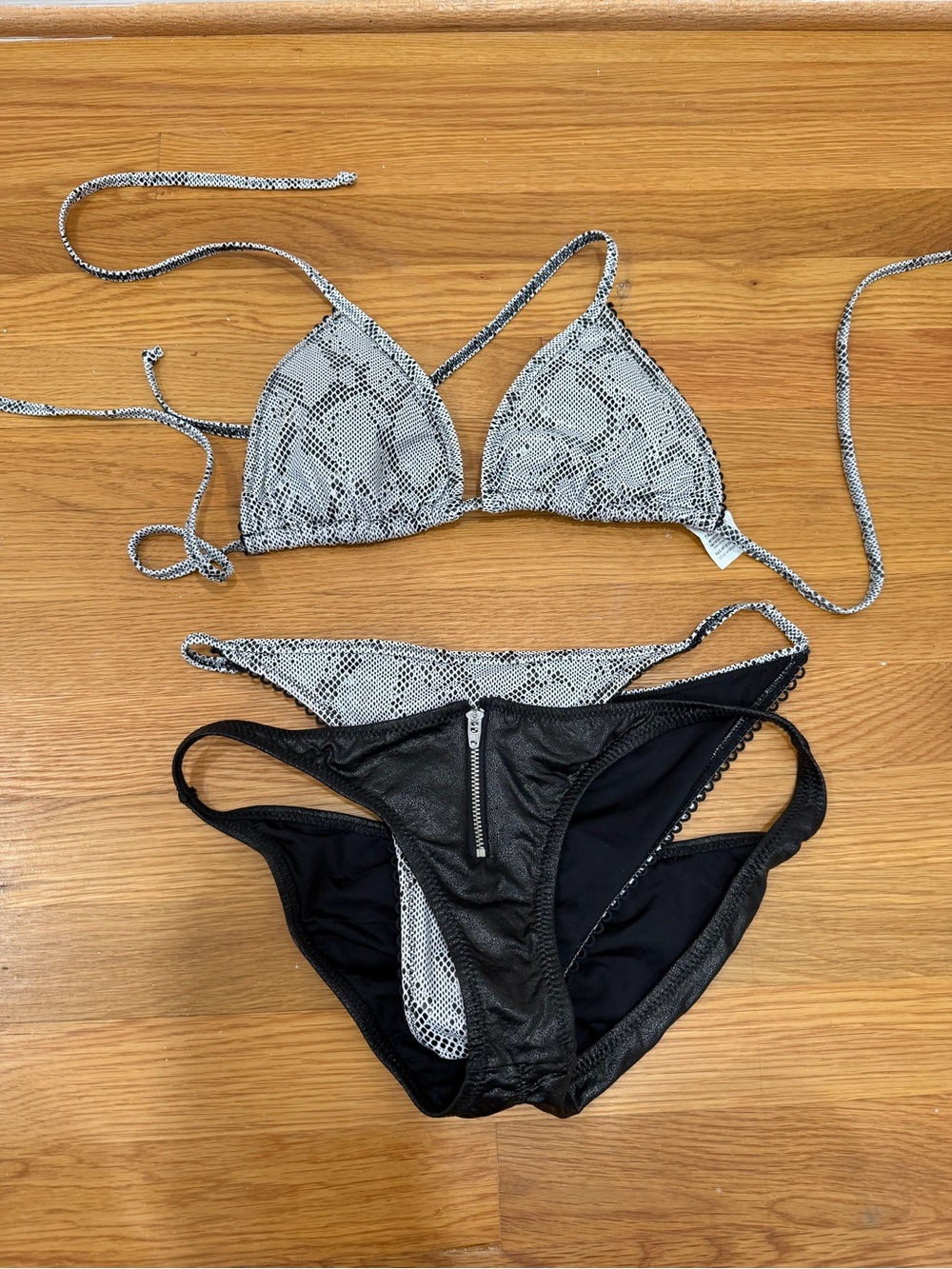 Agua Bendita Snake-Print Triangle Bikini Set in Black and White